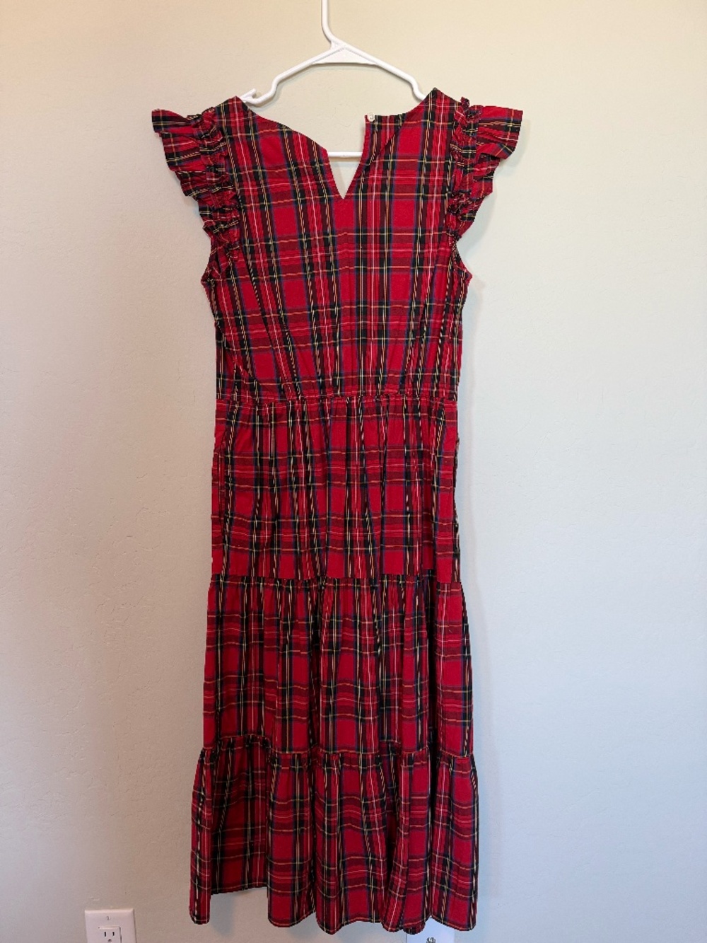 Red Tartan Tiered Midi Dress with Ruffle Sleeves Size 2